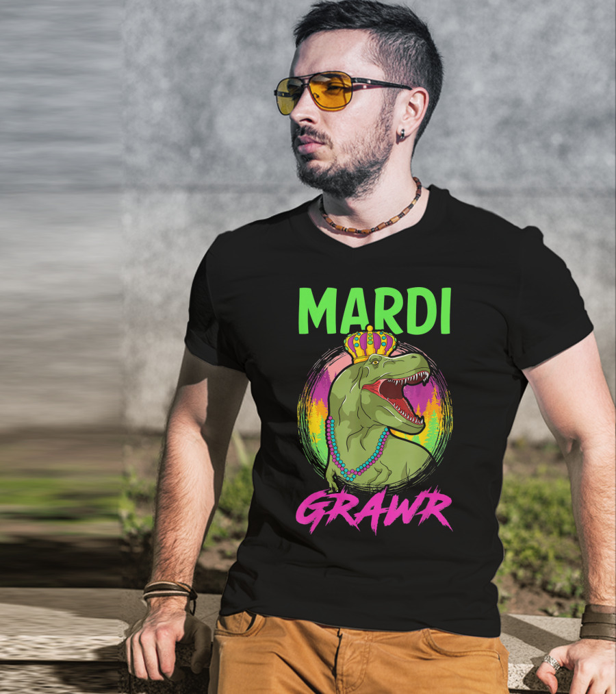 Mardi Grawr Rex Dinosaur In Beads And Crown With Rainbow Sunset T-Shirt