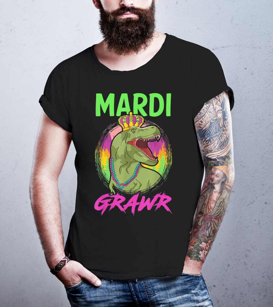 Mardi Grawr Rex Dinosaur In Beads And Crown With Rainbow Sunset T-Shirt