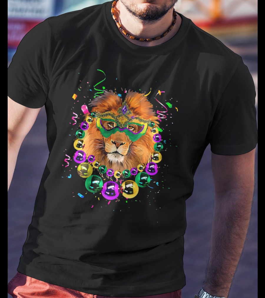 Mask And Beads Lion Mardi Gras Celebration With Colorful Confetti And Streamers T-Shirt