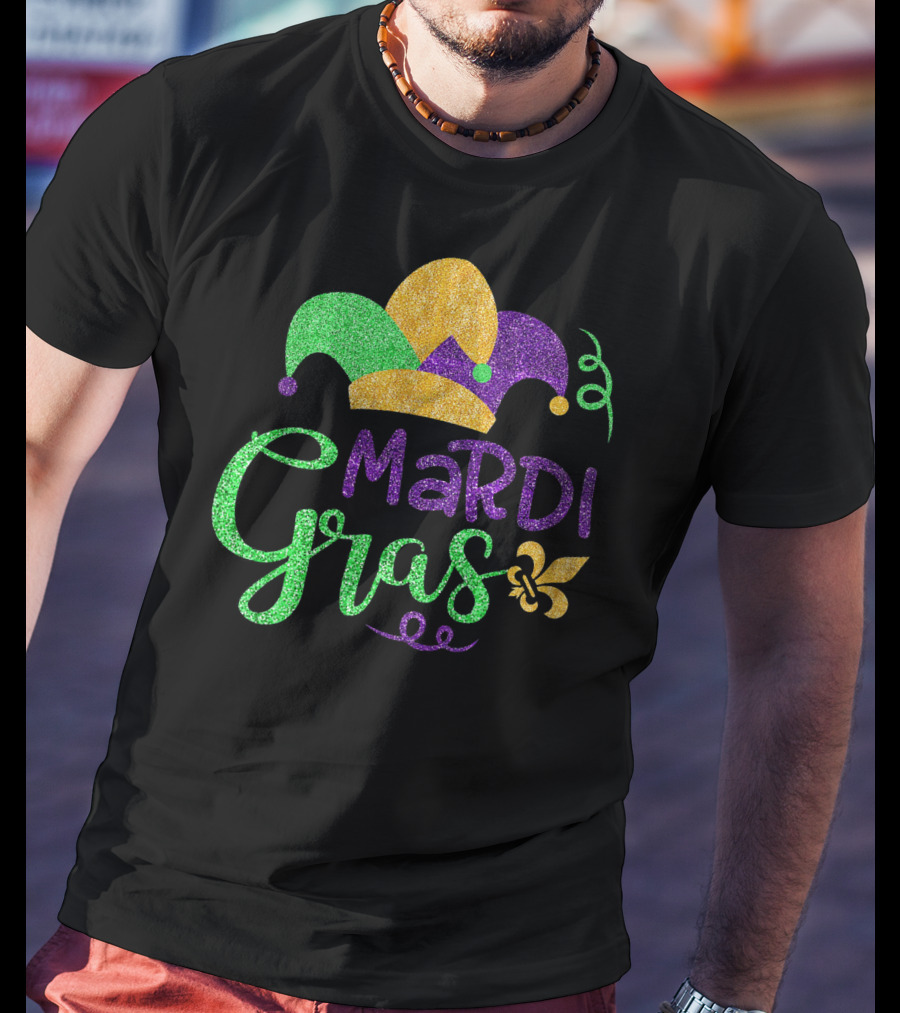 Mardi Gras Jester Hat Glitter Design Fleur-de-Lis T-Shirt