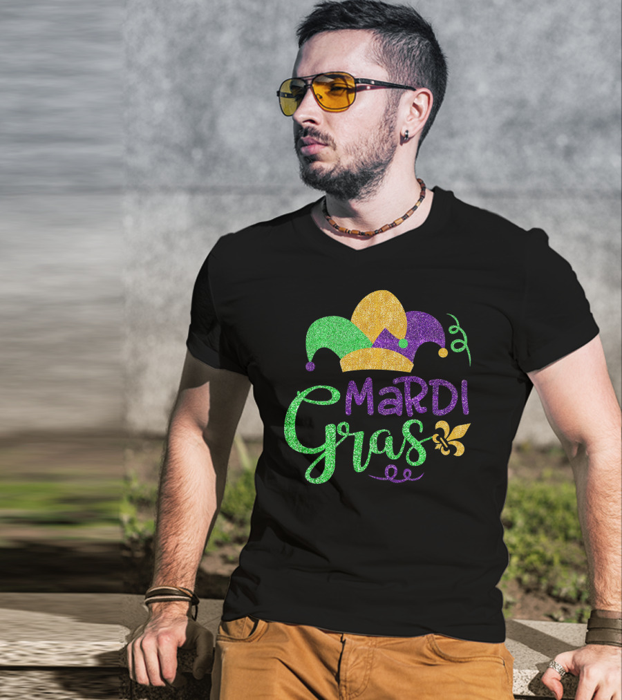 Mardi Gras Jester Hat Glitter Design Fleur-de-Lis T-Shirt