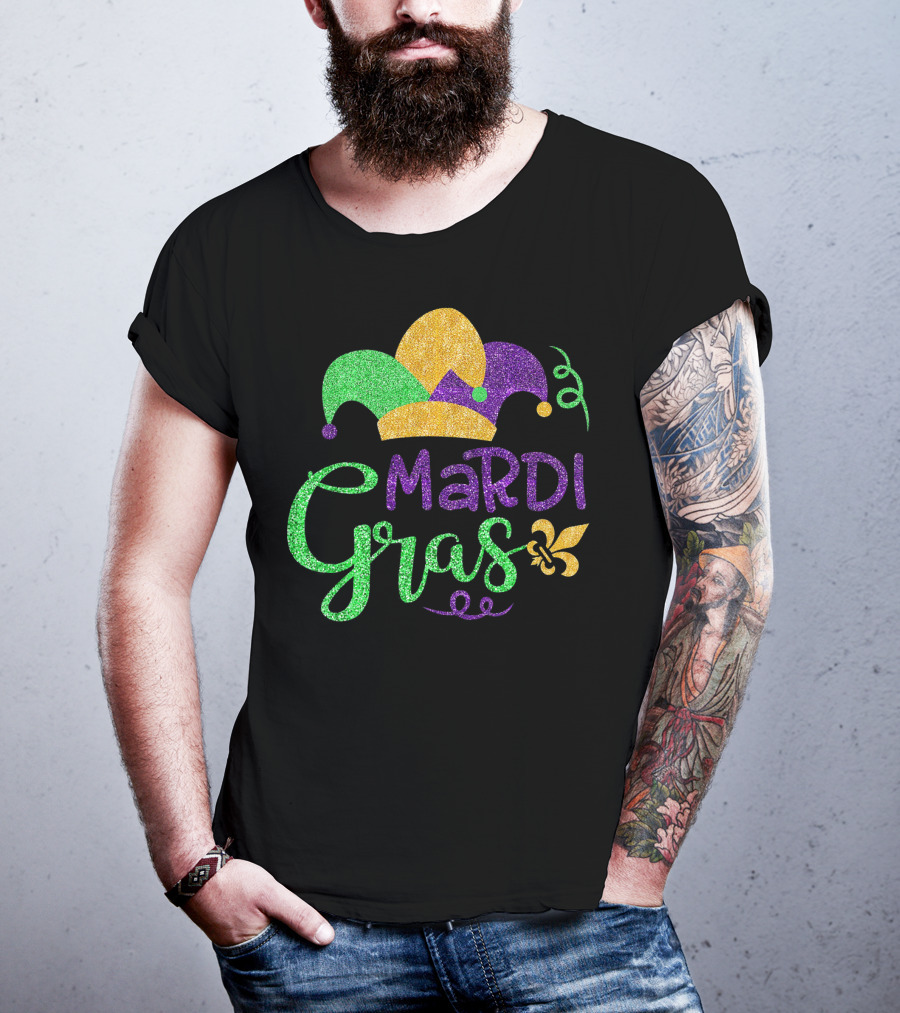 Mardi Gras Jester Hat Glitter Design Fleur-de-Lis T-Shirt