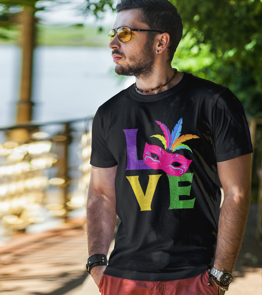 Love Colorful Carnival Feathered Mask Party T-Shirt