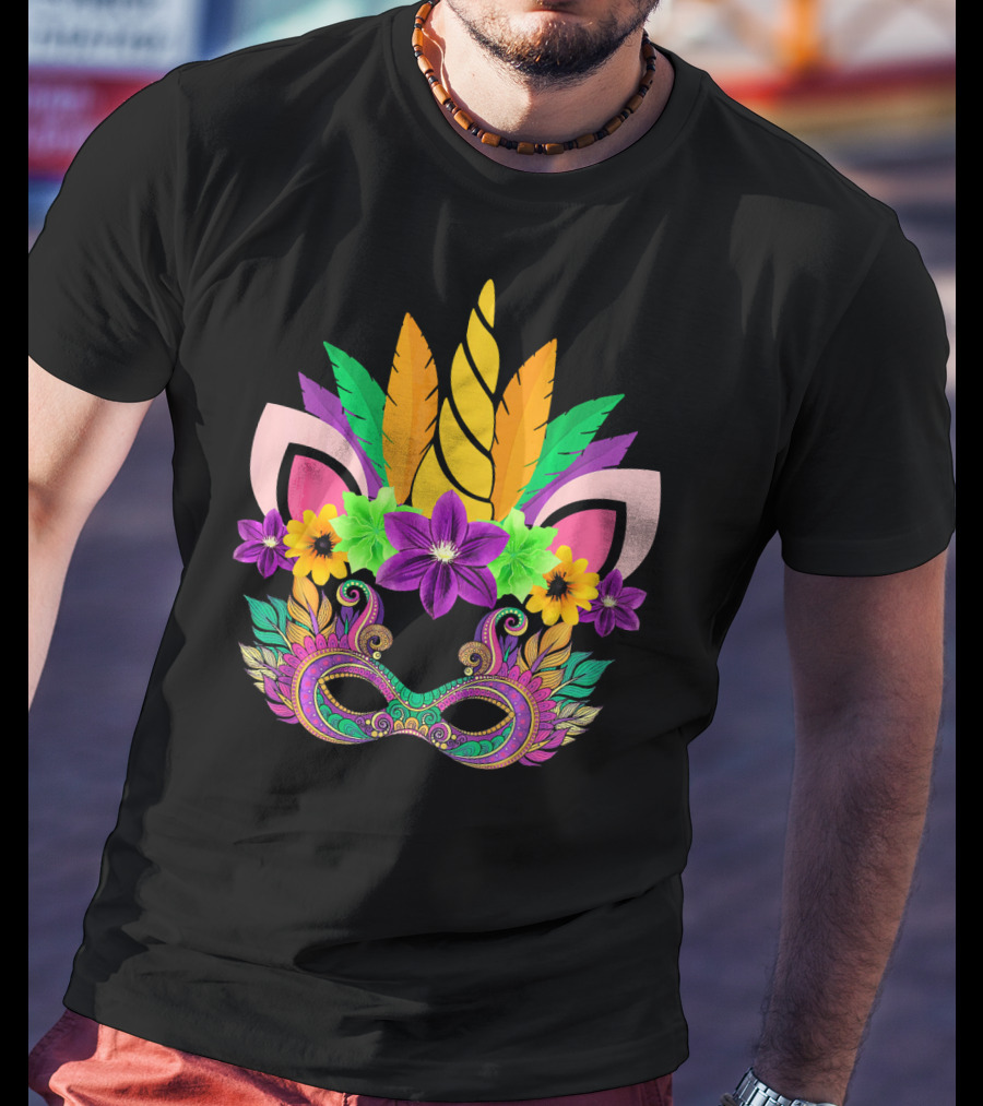 Mardi Gras Unicorn Mask With Flowers And Feathers T-Shirt