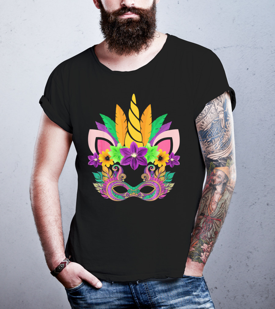 Mardi Gras Unicorn Mask With Flowers And Feathers T-Shirt