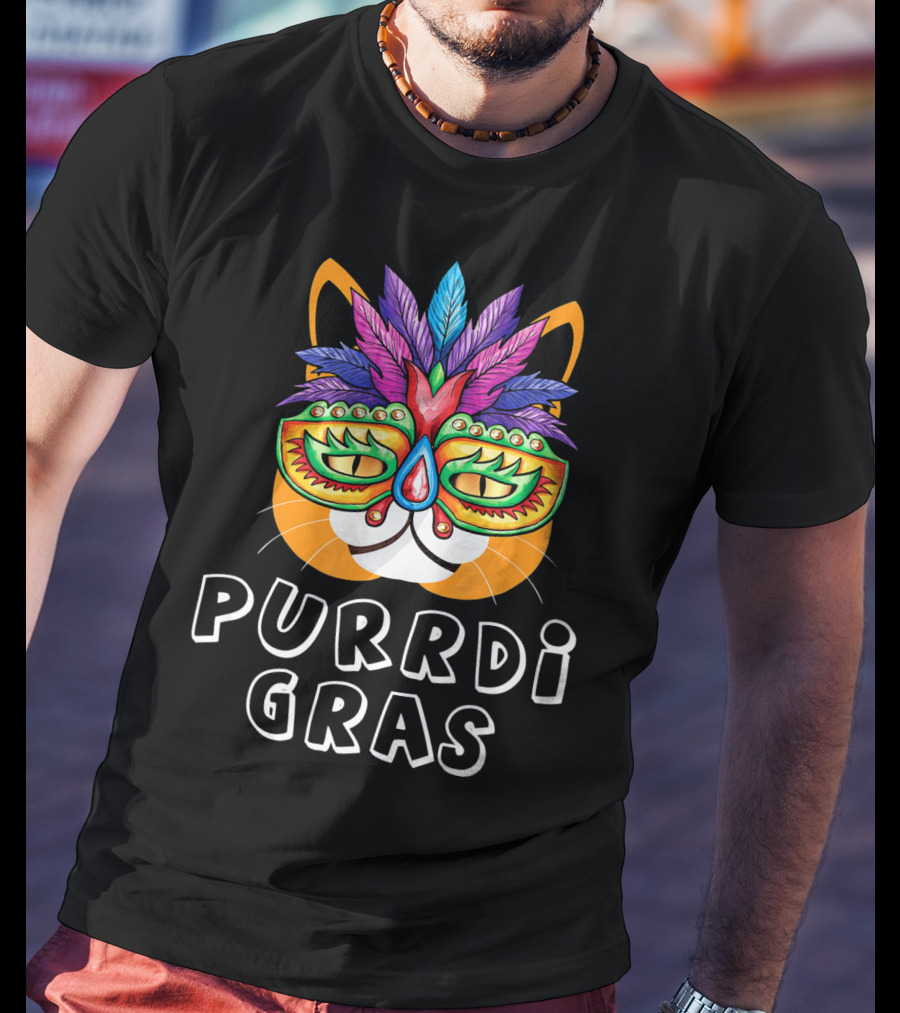 Purrdi Gras Funny Cat Mardi Gras Mask Feathers T-Shirt