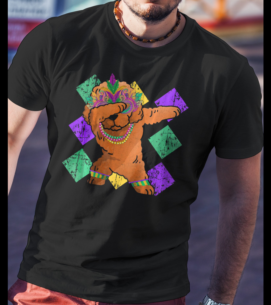Poodle Dabbing With Colorful Mardi Gras Beads And Feather Mask T-Shirt