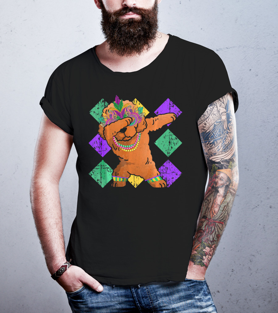 Poodle Dabbing With Colorful Mardi Gras Beads And Feather Mask T-Shirt