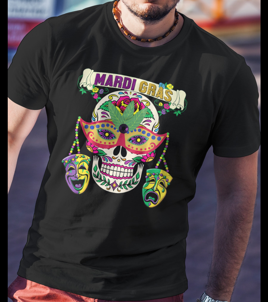 MARDI GRAS Skull Mask Comedy Tragedy New Orlea T-Shirt