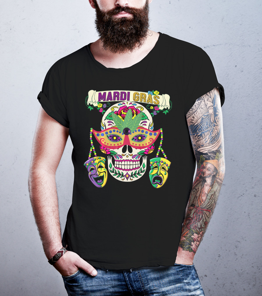 MARDI GRAS Skull Mask Comedy Tragedy New Orlea T-Shirt