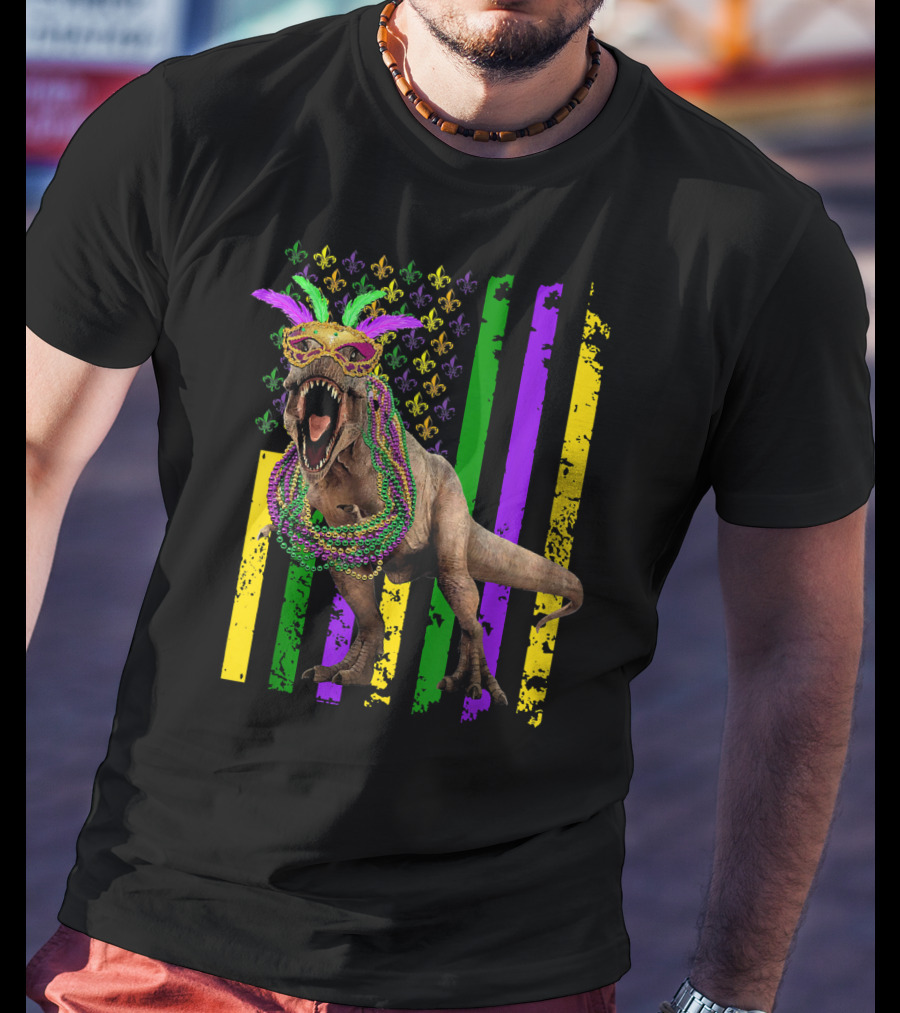 Dinosaur Mardi Gras American Flag Fleur De Lis Feathers Beads T-Shirt