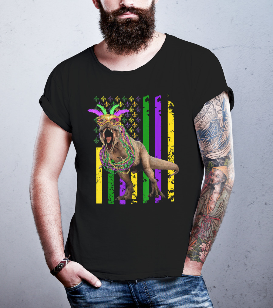 Dinosaur Mardi Gras American Flag Fleur De Lis Feathers Beads T-Shirt
