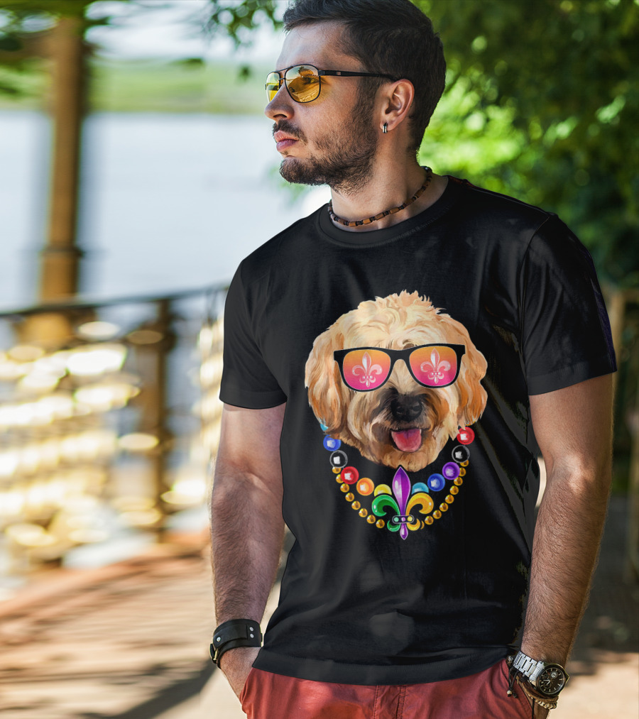 Goldendoodle Mardi Gras Beads Sunglasses Fleur-de-Lis T-Shirt