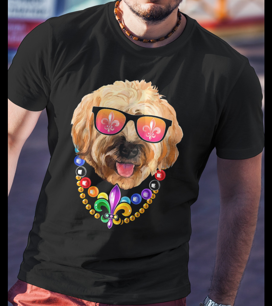 Goldendoodle Mardi Gras Beads Sunglasses Fleur-de-Lis T-Shirt