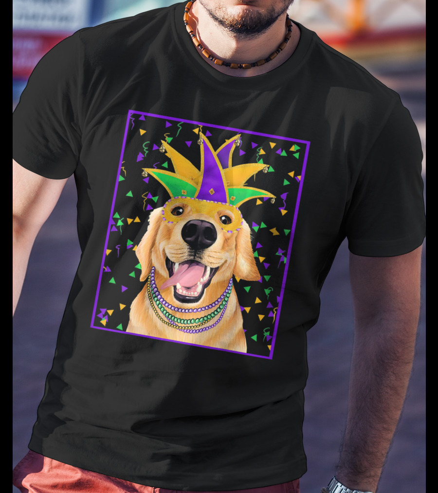 Mardi Gras Golden Retriever Wearing Colorful Jester Mask And Beads T-Shirt