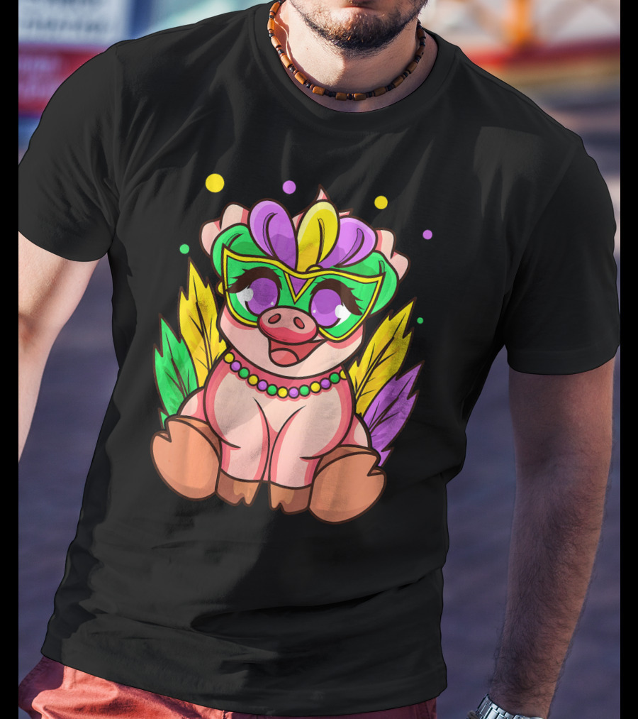 Cute Mardi Gras Pig With Colorful Mardi Gras Mask And Beads T-Shirt