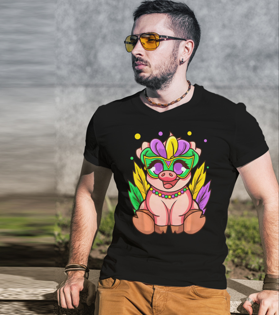 Cute Mardi Gras Pig With Colorful Mardi Gras Mask And Beads T-Shirt