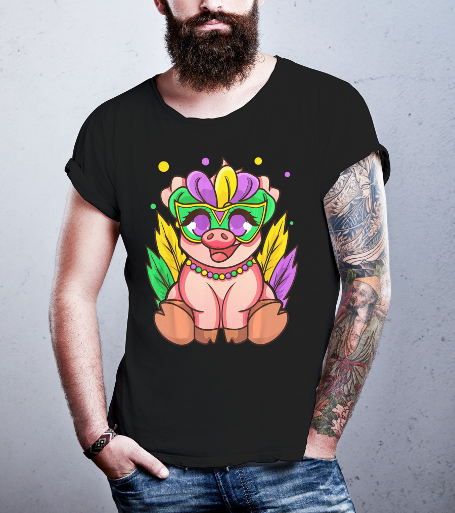 Cute Mardi Gras Pig With Colorful Mardi Gras Mask And Beads T-Shirt