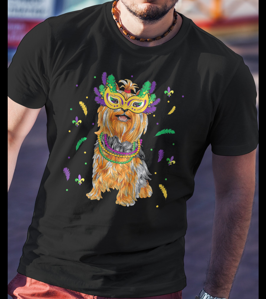 Beads Mask Yorkshire Terrier Mardi Gras Fleur De Lis Feathers T-Shirt