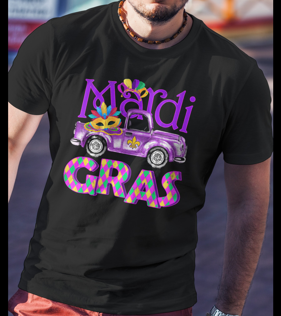 Mardi Gras Truck Mask With Colorful Feathered Costume T-Shirt