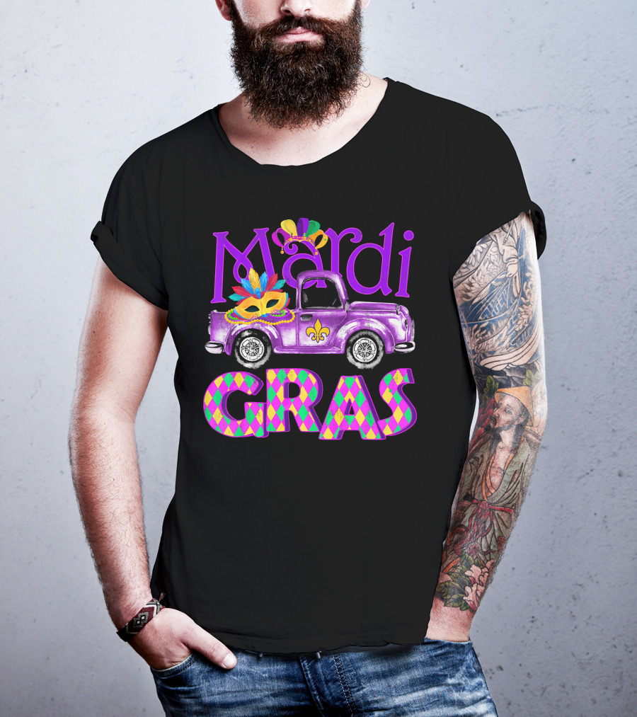 Mardi Gras Truck Mask With Colorful Feathered Costume T-Shirt