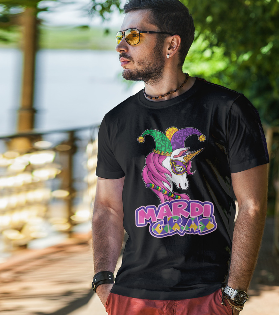 Mardi Gras Unicorn Jester Mask Carnival Lover T-Shirt