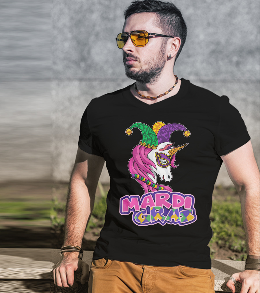 Mardi Gras Unicorn Jester Mask Carnival Lover T-Shirt