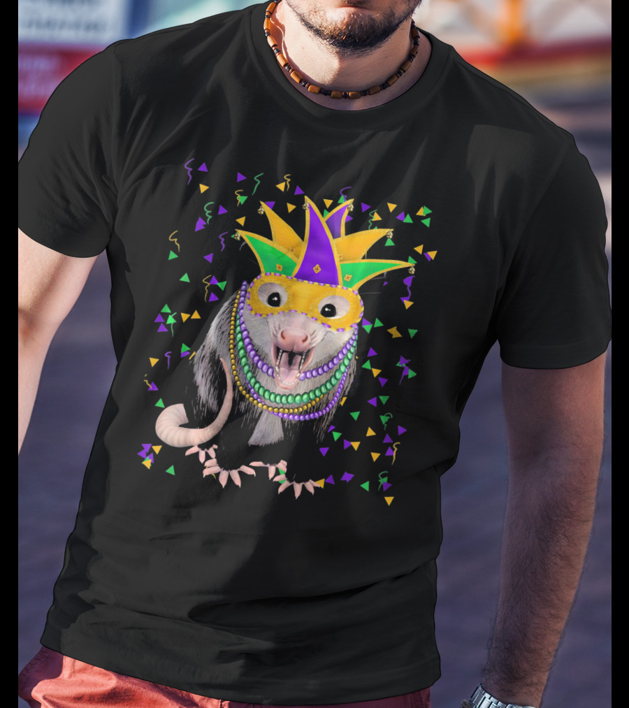 Mardi Gras Possum Wearing Colorful Mask And Beads With Confetti T-Shirt