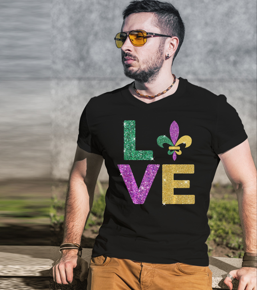 LOVE Mardi Gras Carnival Fleur-de-Lis Glitter T-Shirt