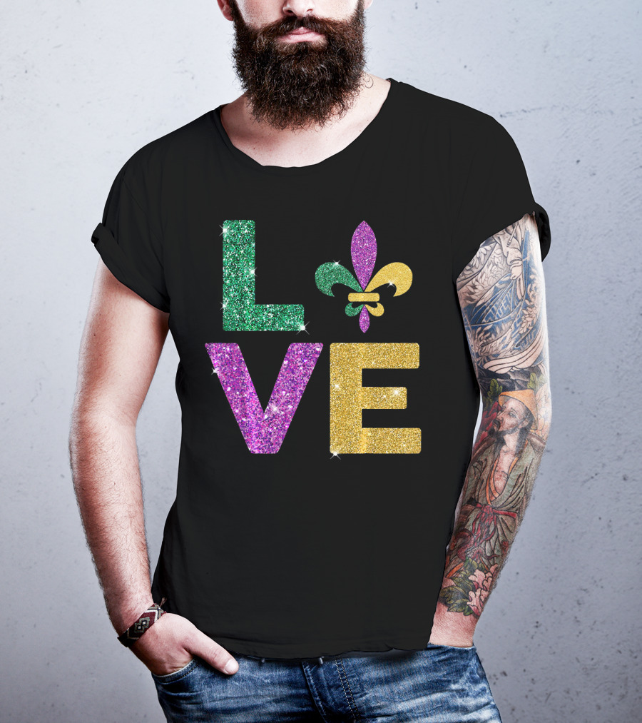 LOVE Mardi Gras Carnival Fleur-de-Lis Glitter T-Shirt