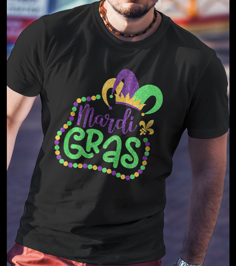 Mardi Gras Glitter Jester Hat Fleur De Lis T-Shirt