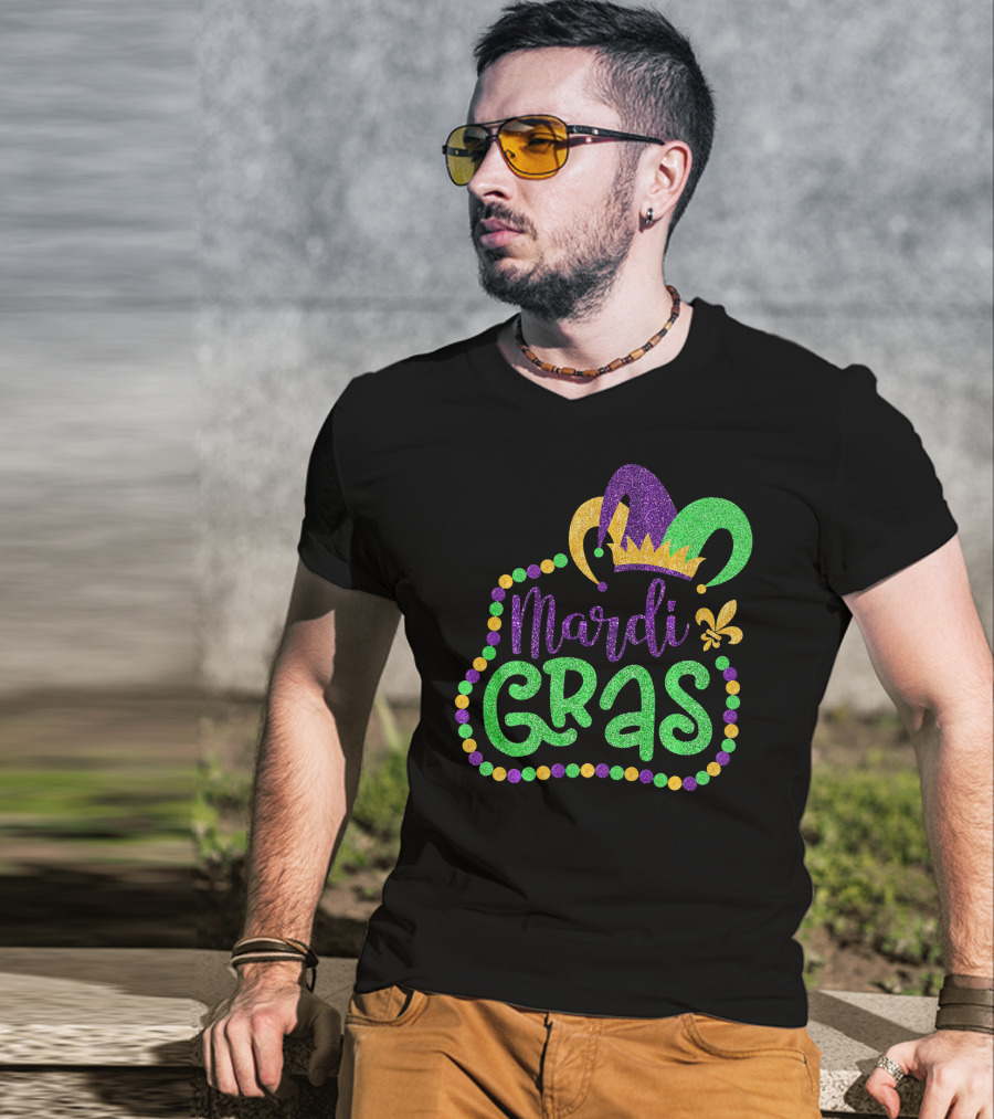 Mardi Gras Glitter Jester Hat Fleur De Lis T-Shirt