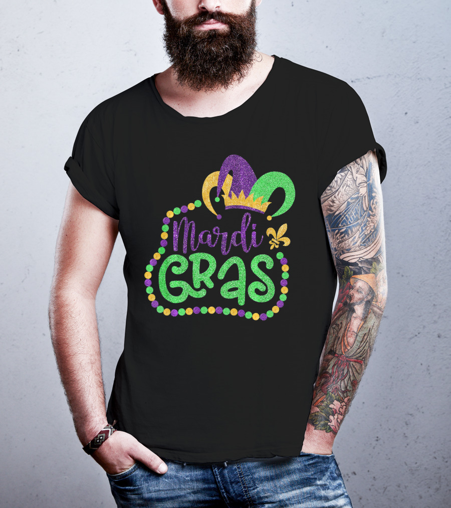 Mardi Gras Glitter Jester Hat Fleur De Lis T-Shirt