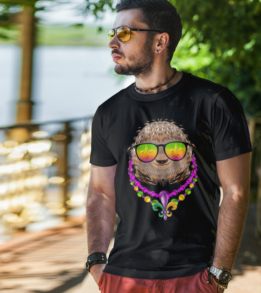 Sloth Wearing Sunglasses With Fleur De Lis And Mardi Gras Beads T-Shirt