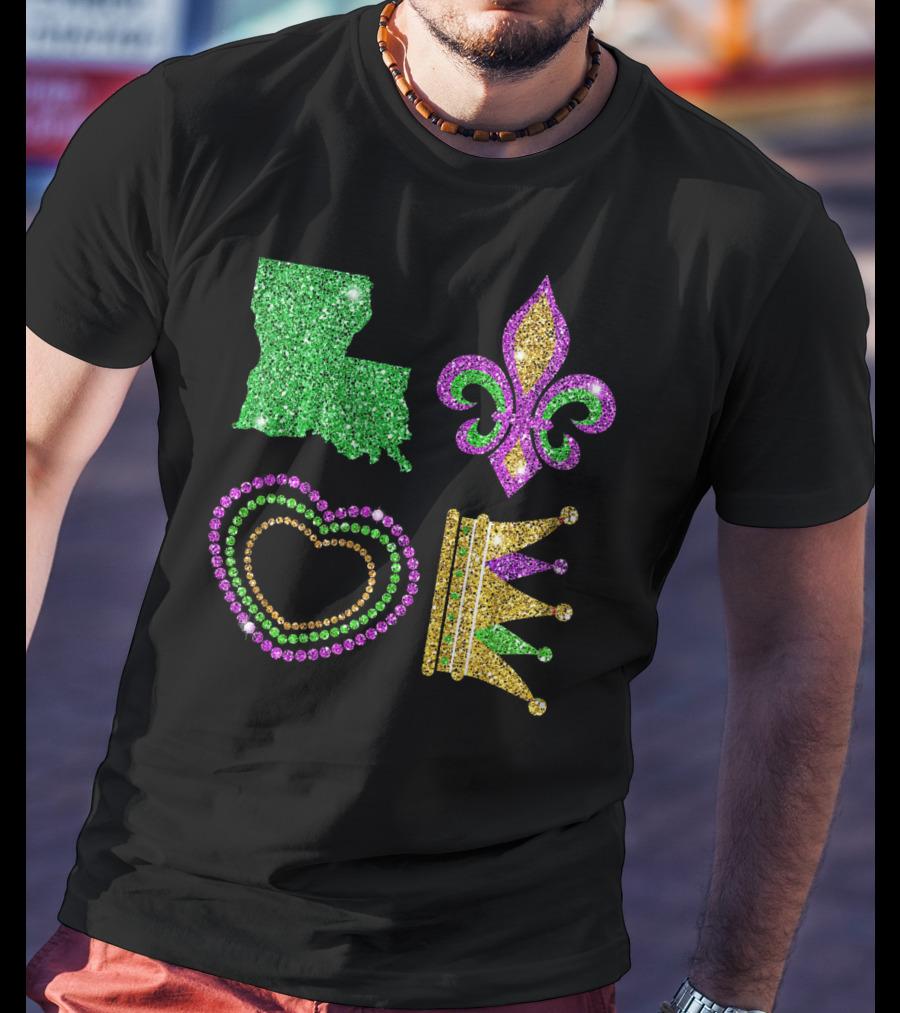 Love Mardi Gras Funny New Orleans Mardi Louisiana Glitter Fleur-de-Lis Heart Crown T-Shirt