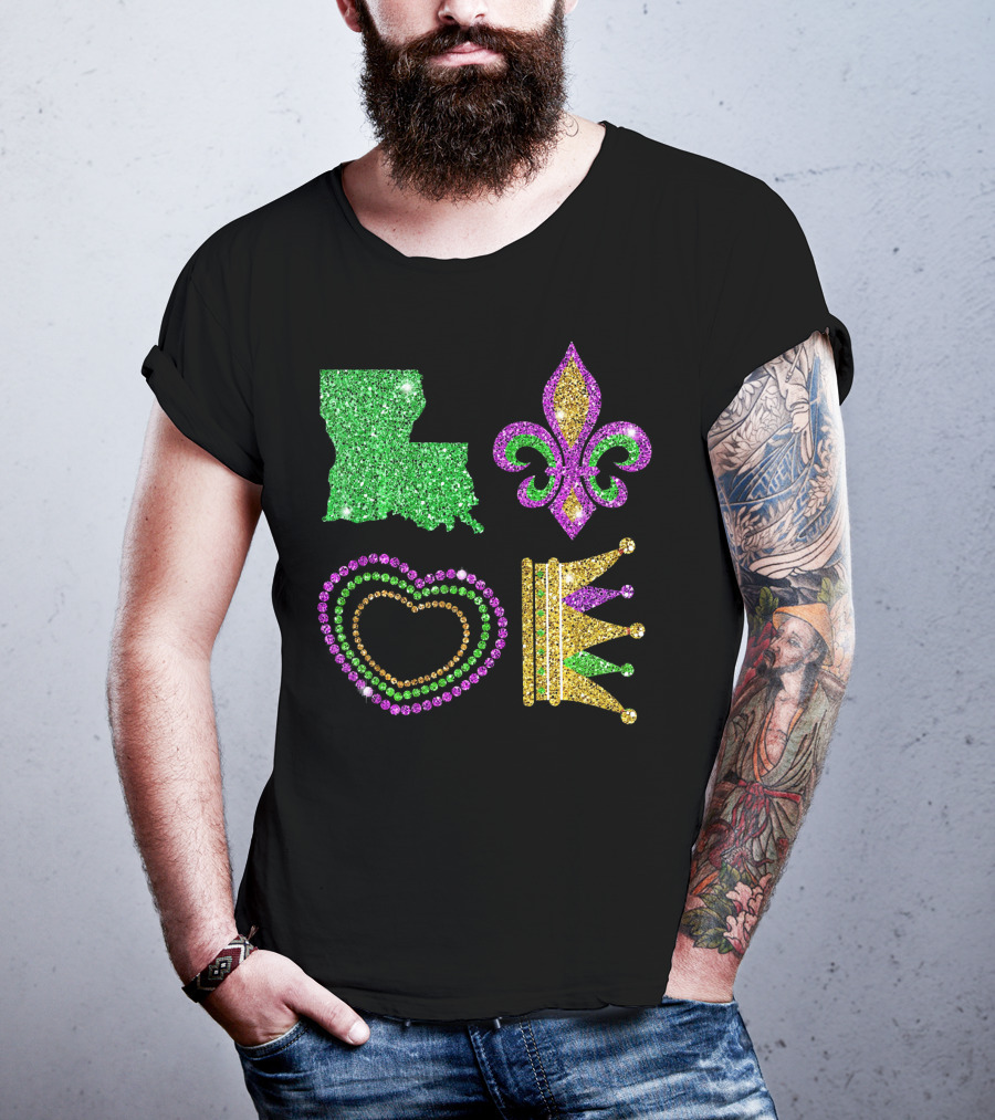 Love Mardi Gras Funny New Orleans Mardi Louisiana Glitter Fleur-de-Lis Heart Crown T-Shirt