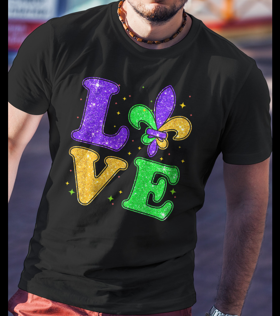 Love Mardi Gras Fleur De Lis Glitter T-Shirt