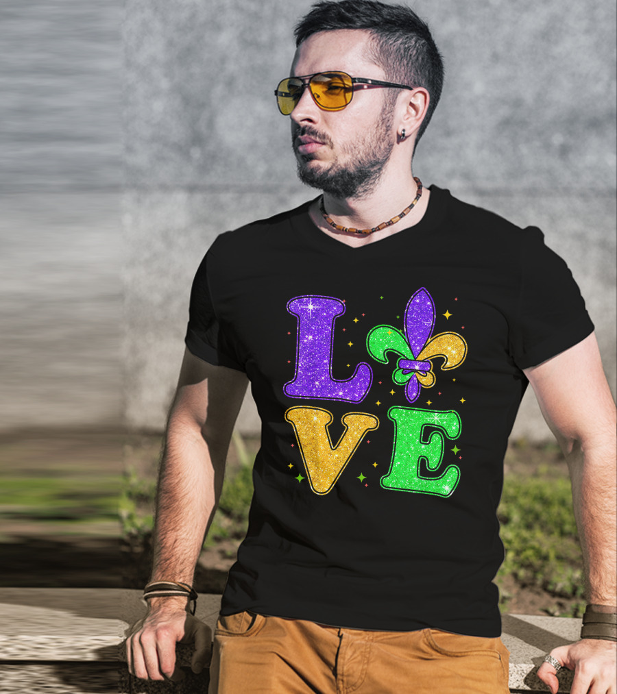 Love Mardi Gras Fleur De Lis Glitter T-Shirt