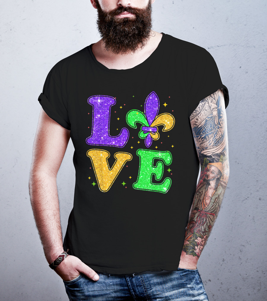 Love Mardi Gras Fleur De Lis Glitter T-Shirt