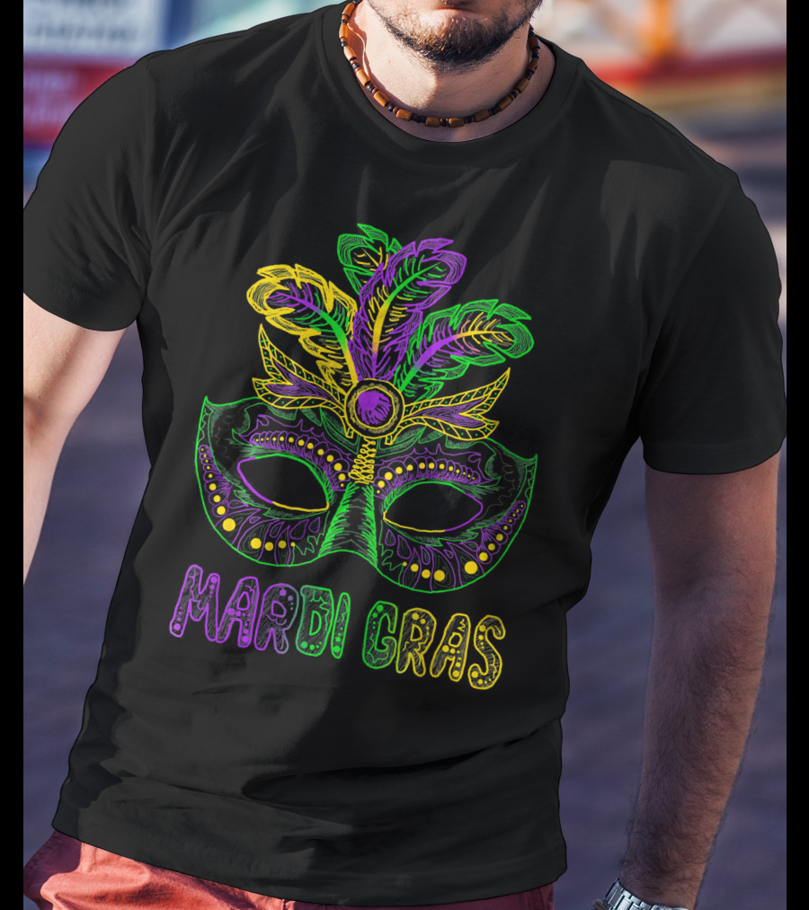 Mardi Gras Mask With Colorful Feather T-Shirt