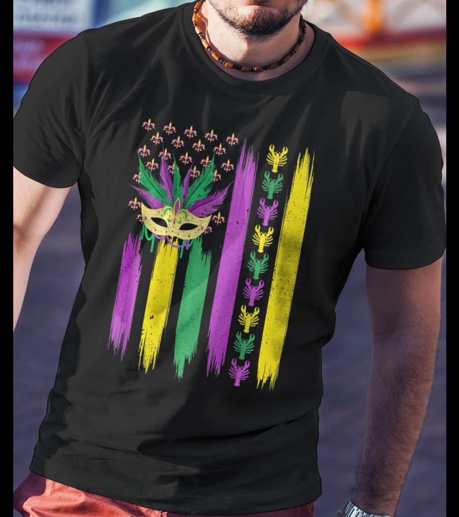 Crawfish Mask Mardi Gras Fleur-de-Lis American Flag Colors T-Shirt