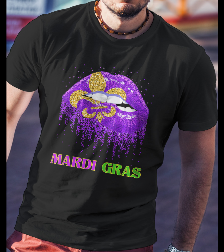 Mardi Gras Costume Funny Lips Glitter Fleur-de-lis T-Shirt