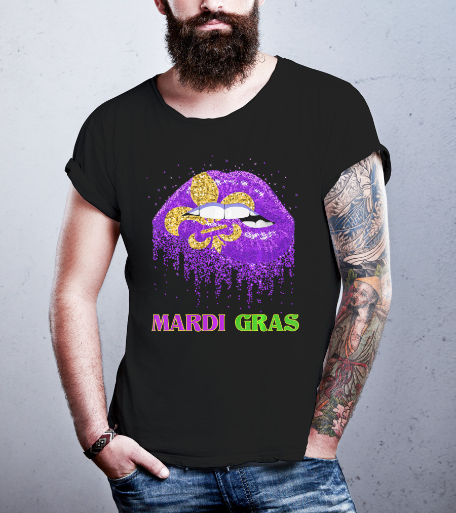 Mardi Gras Costume Funny Lips Glitter Fleur-de-lis T-Shirt