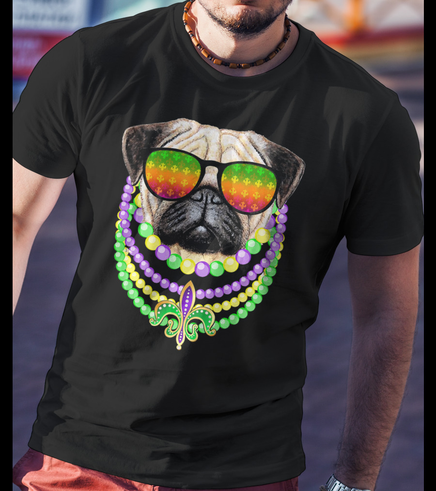 Pug With Beads And Sunglasses Fleur-de-Lis Mardi Gras T-Shirt