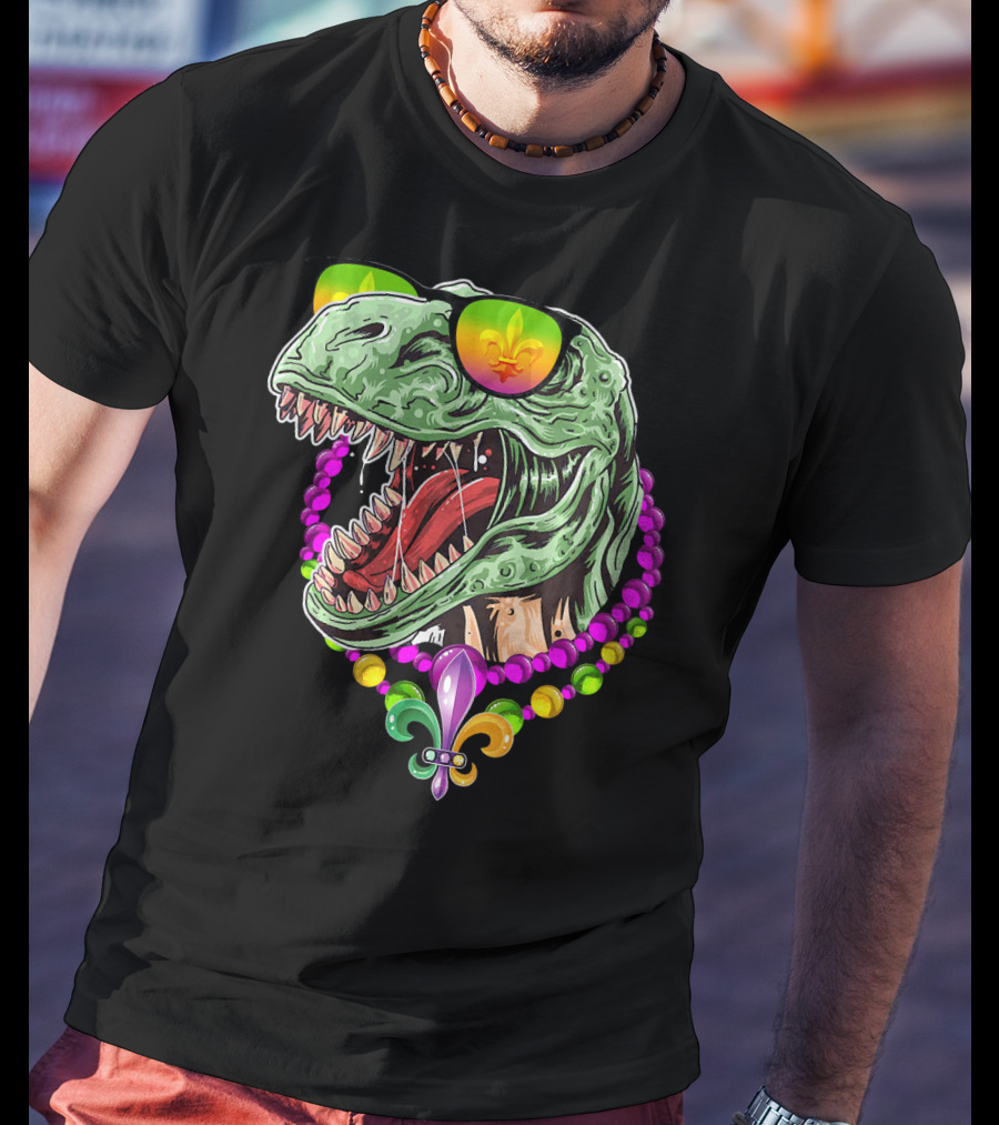 Dinosaur Rex Mardi Gras Beads With Fleur-de-Lis And Sunglasses T-Shirt