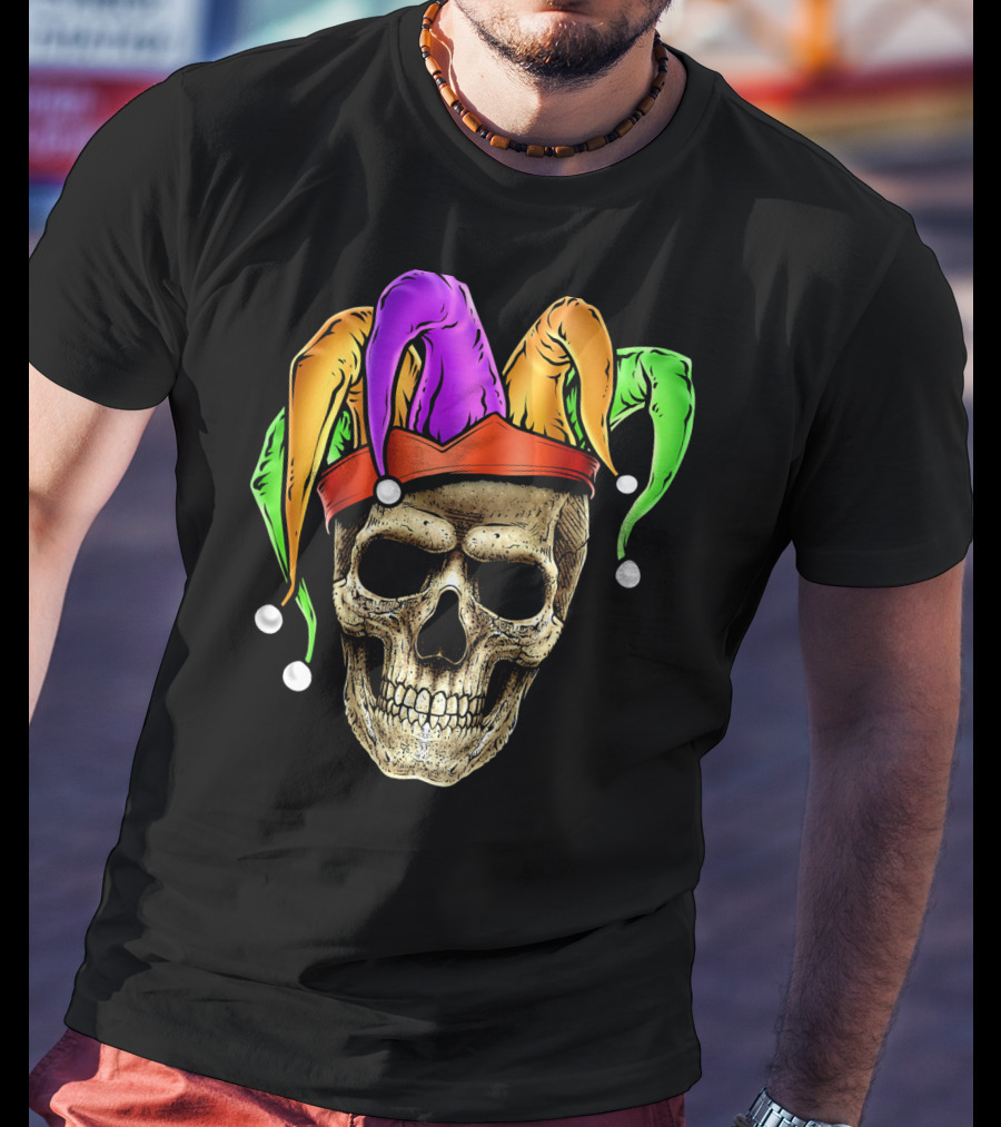 Skull Face Mardi Gras Jester Joker Colorful Hat T-Shirt