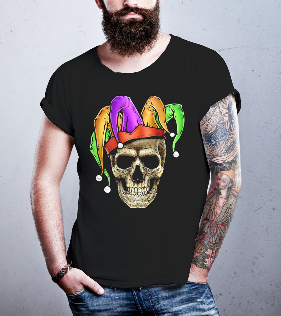 Skull Face Mardi Gras Jester Joker Colorful Hat T-Shirt