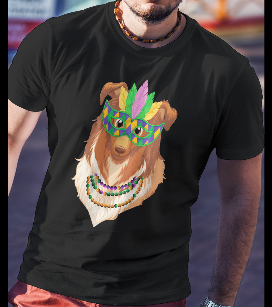 Collie Wearing Mardi Gras Mask And Beads T-Shirt