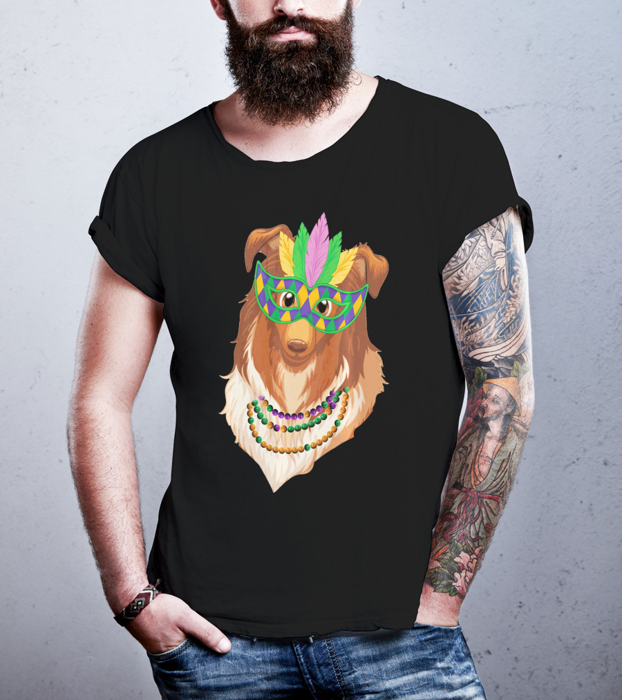Collie Wearing Mardi Gras Mask And Beads T-Shirt