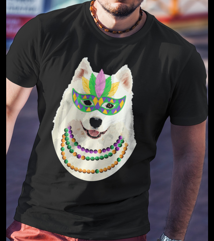 American Eskimo Dog Mardi Gras Mask Beads T-Shirt
